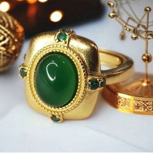 18k Matte Gold Plated European Style Emerald Cabochon Crystal Ring